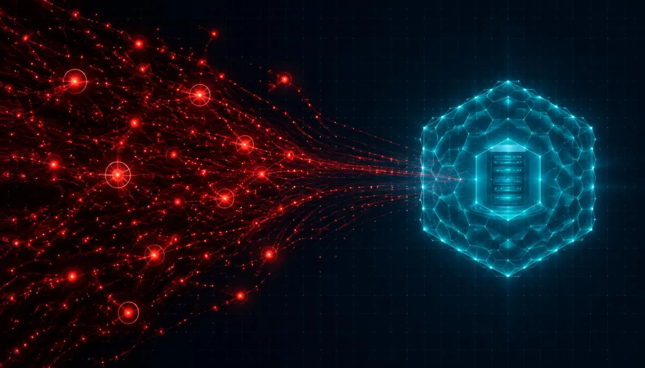 AI-driven attack traffic converging on a defended server
